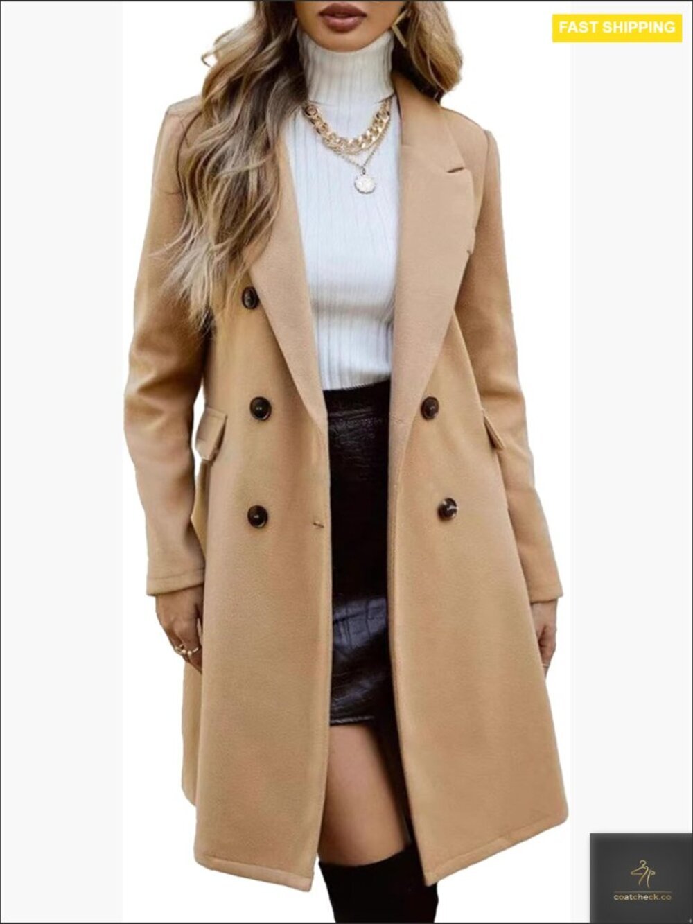Wool Blend Pea Coat Double Breasted Notch Lapel Elegant Trench Coat Jacket